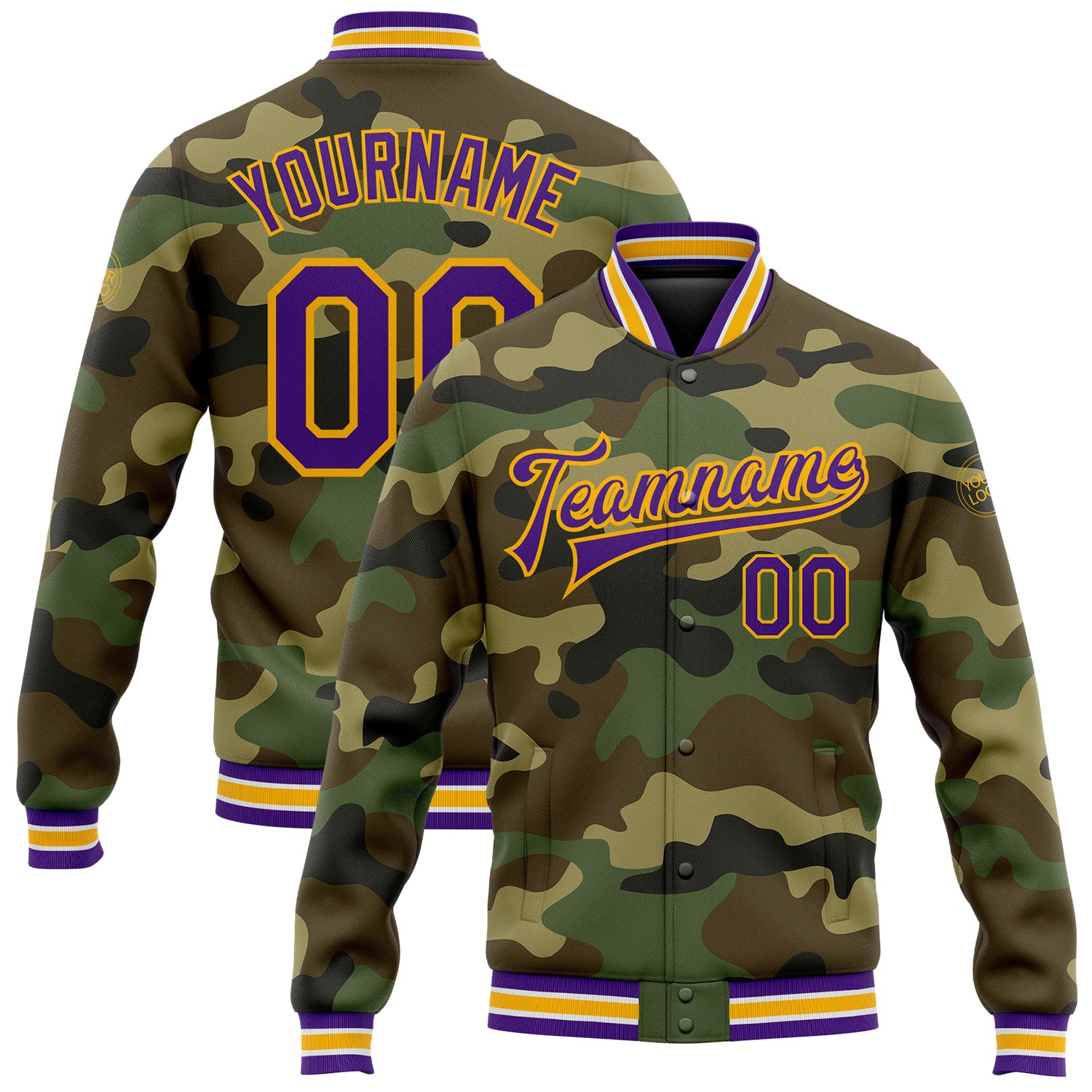 Personalized Purple Gold Camo Jacket for Veterans - Full-Snap Varsity Letterman Bomber Personalized Camo Purple-Gold Bomber