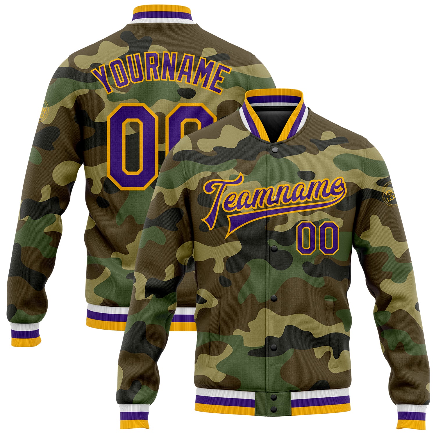 Personalized Camo Jacket for Men, Purple-Gold Bomber Full-Snap Varsity Letterman Salute to Service Personalized Camo Purple-Gold