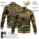 Personalized Camo Jacket for Men, Purple-Gold Bomber Full-Snap Varsity Letterman Salute to Service Personalized Camo Purple-Gold