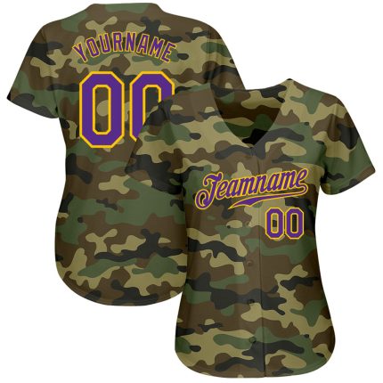 Purple-Gold Camo Personalized Salute To Service Baseball Jersey Personalized Camo Purple-Gold Salute To Service Baseball