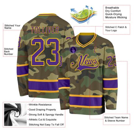 Personalized Purple Gold Camo Hockey Jersey for Salute to Service Fans Personalized Camo Purple-Gold Salute To Service Hockey