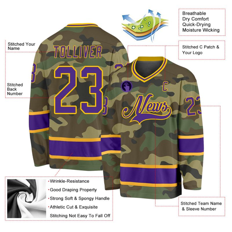 Personalized Purple Gold Camo Hockey Jersey for Salute to Service Fans Personalized Camo Purple-Gold Salute To Service Hockey
