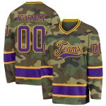 Custom Name and Number Personalized Camo Hockey Jersey - Purple-Gold Salute To Service Team Jersey Personalized Camo Purple-Gold