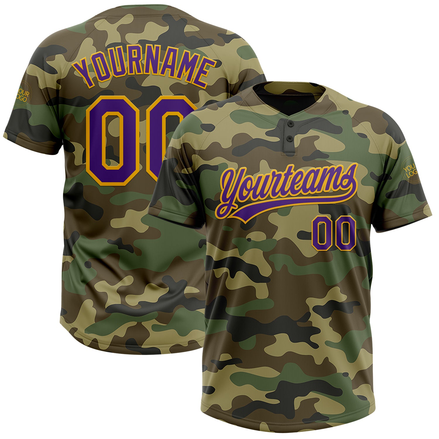 Personalized Purple Gold Camo Salute to Service Softball Jersey Unisex Two-Button Personalized Camo Purple-Gold Salute To