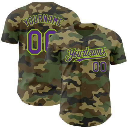 Custom Camo Purple Neon Green Salute To Service Baseball Jersey Personalized Camo Purple-Neon Green Salute To Service Baseball