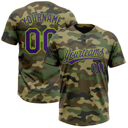 Custom Name and Number Personalized Camo Purple Neon Green Softball Jersey Unisex Salute to Service Two-Button Personalized