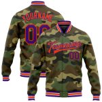 Custom Camo Bomber Jacket in Purple and Orange - Full-Snap Varsity Salute to Service Design Personalized Camo Purple-Orange
