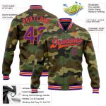 Custom Camo Bomber Jacket in Purple and Orange - Full-Snap Varsity Salute to Service Design Personalized Camo Purple-Orange