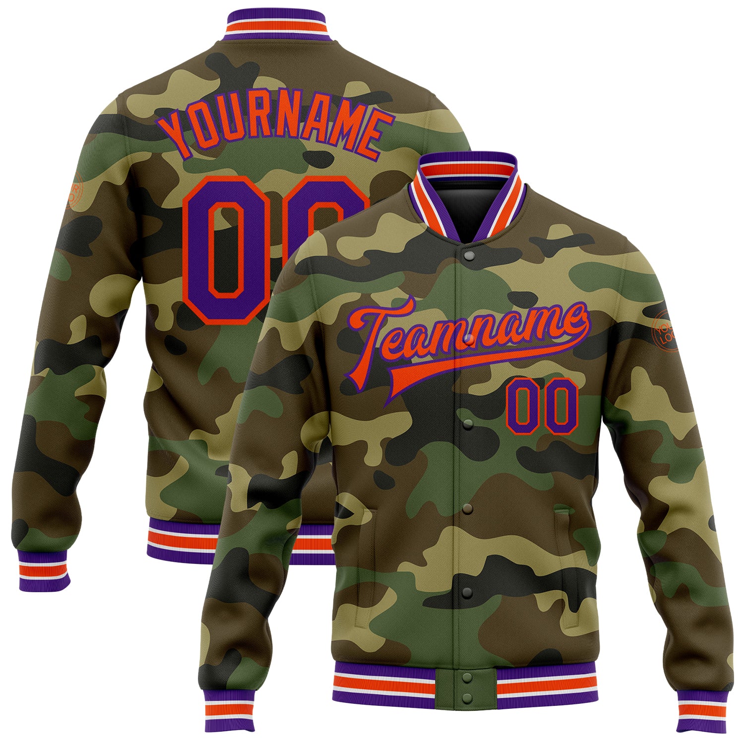 Custom Name Number Bomber Jacket Team Camo Purple Orange Full-Snap Varsity Salute to Service Personalized Camo Purple-Orange