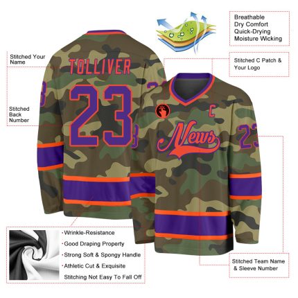 Personalized Salute To Service Hockey Jersey in Purple-Orange Camo - Custom NHL Team Jersey Personalized Camo Purple-Orange