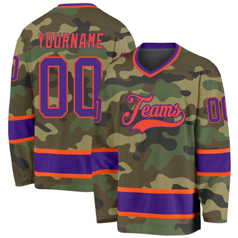 Custom Name Number Personalized Camo Purple-Orange Hockey Jersey for Salute to Service Team Personalized Camo Purple-Orange