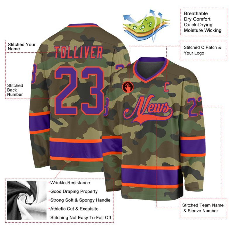 Custom Name Number Personalized Camo Purple-Orange Hockey Jersey for Salute to Service Team Personalized Camo Purple-Orange