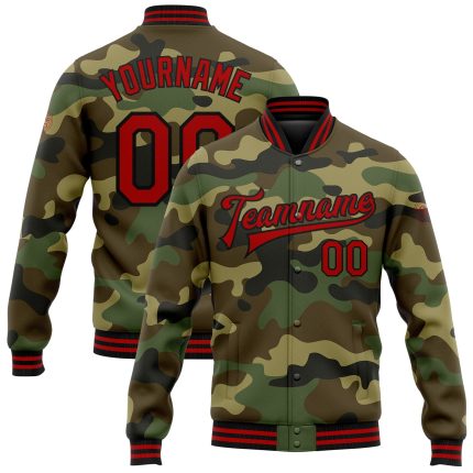 Personalized Red-Black Camo Varsity Letterman Jacket Salute to Service - Full-Snap Bomber Style Personalized Camo Red-Black