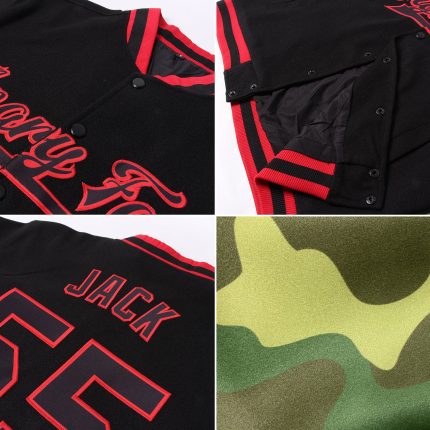 Personalized Salute To Service Camo Red-Black Bomber Jacket Full-Snap Varsity Letterman Personalized Camo Red-Black Bomber