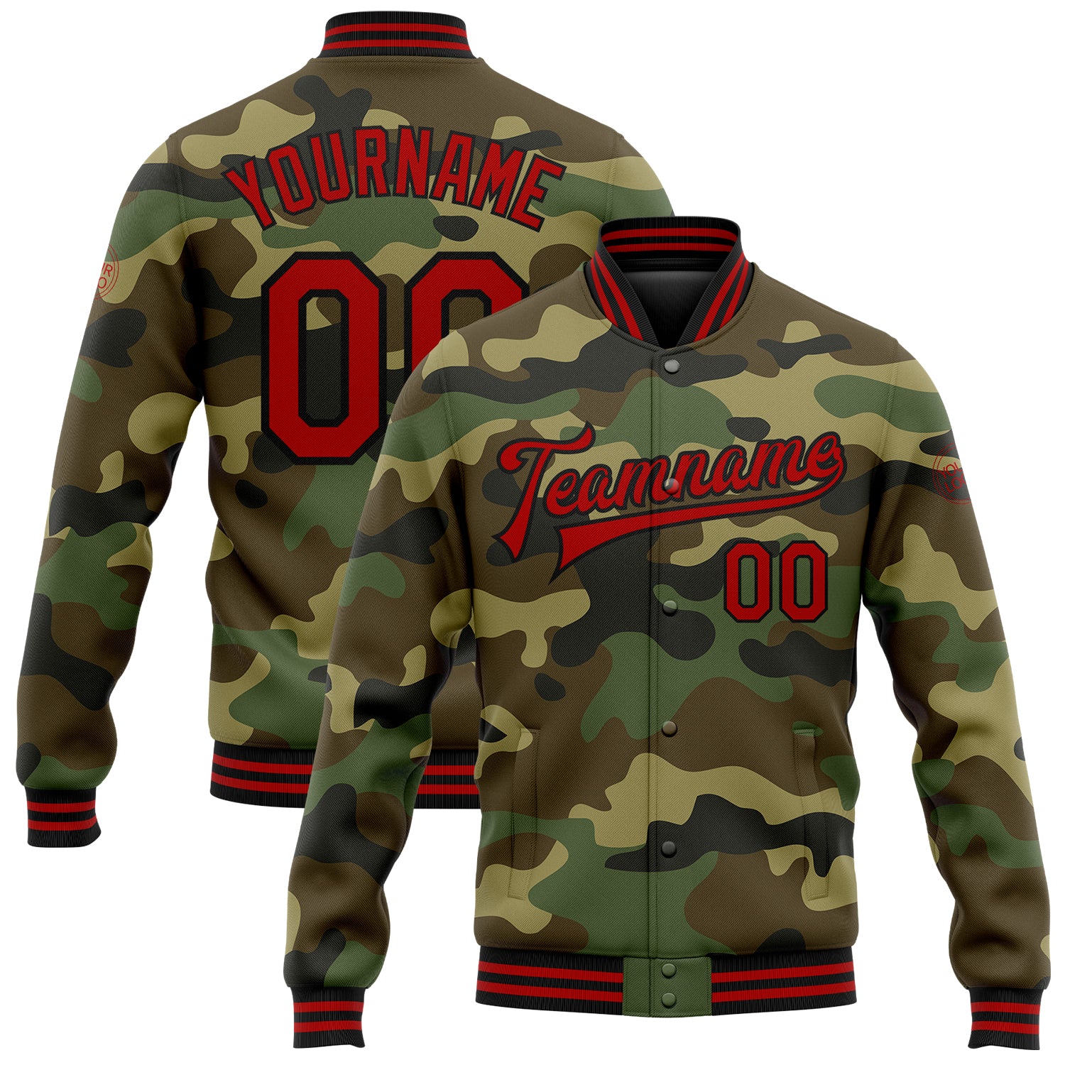 Personalized Salute To Service Camo Red-Black Bomber Jacket Full-Snap Varsity Letterman Personalized Camo Red-Black Bomber