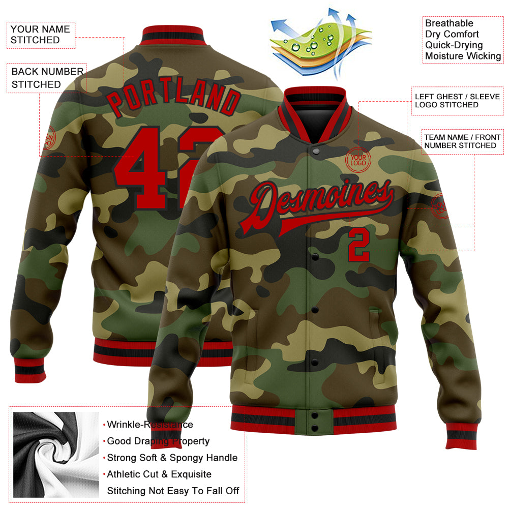 Personalized Red-Black Camo Varsity Letterman Bomber Jacket - Salute to Service Full-Snap Personalized Camo Red-Black Bomber - Image 5