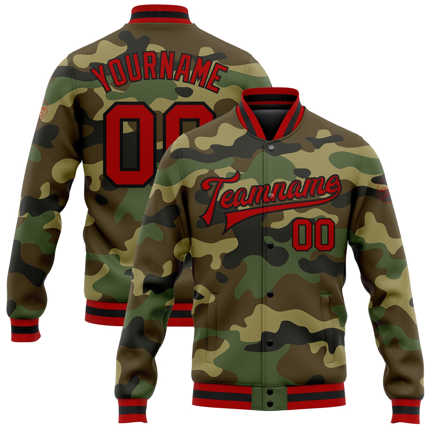 Custom Team Name Number Personalized Camo Bomber Jacket Red Black Full-Snap Varsity Letterman Salute to Service Personalized