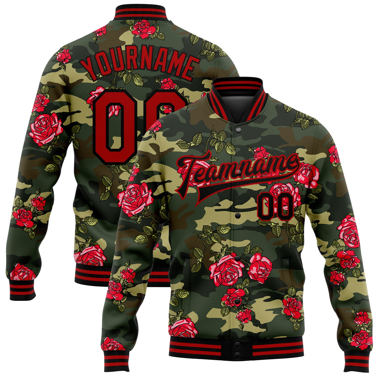 Custom Name Number Varsity Jacket Personalized Bomber Red-Black Camo 3D Pattern Salute to Service Full-Snap Design Personalized