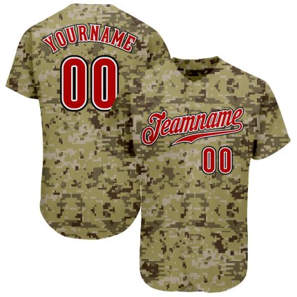 Personalized Camo Baseball Jersey Salute to Service Red-Black, Unique Athletic Wear for Fans, Customizable Style Personalized