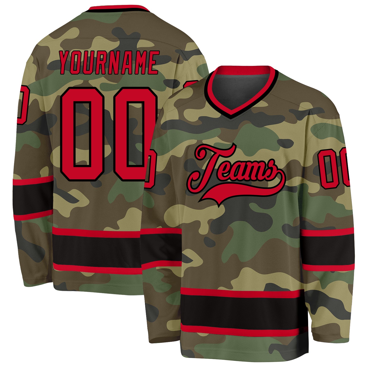 Custom Name and Number Camo Red-Black Salute To Service Hockey Jersey - Personalized Team Apparel Personalized Camo Red-Black