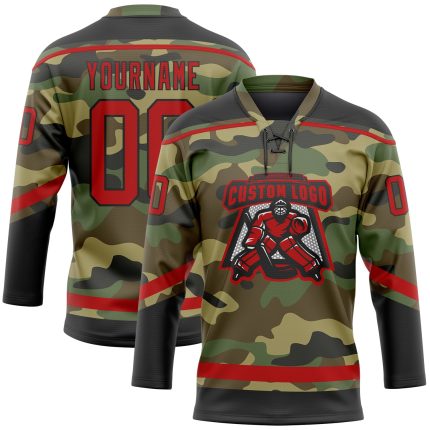 Personalized Red-Black Camo Hockey Jersey Salute to Service Lace Neck Personalized Camo Red-Black Salute To Service Hockey