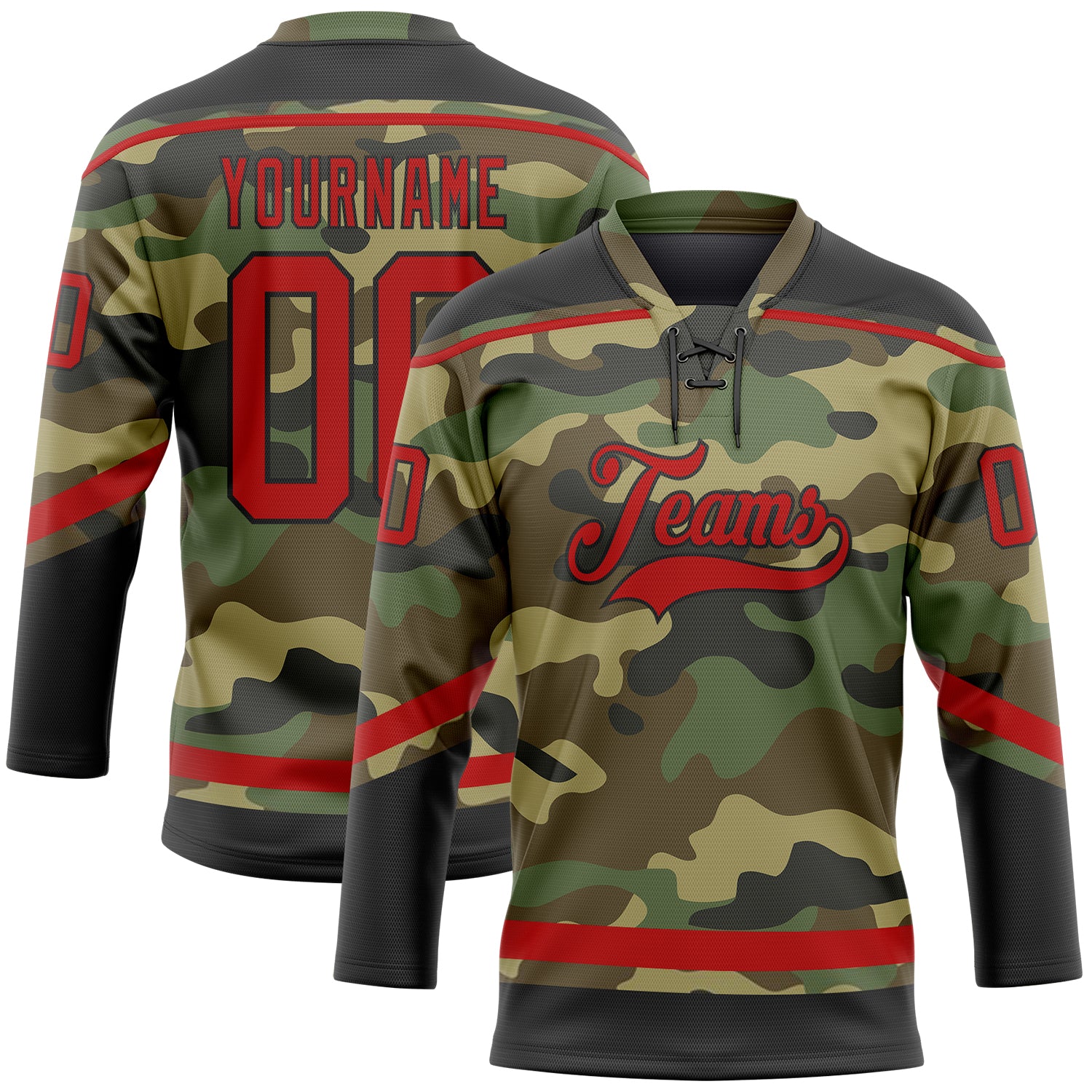 Custom Name and Number Personalized Camo Red-Black Hockey Lace Neck Jersey Salute To Service Team Gear Personalized Camo