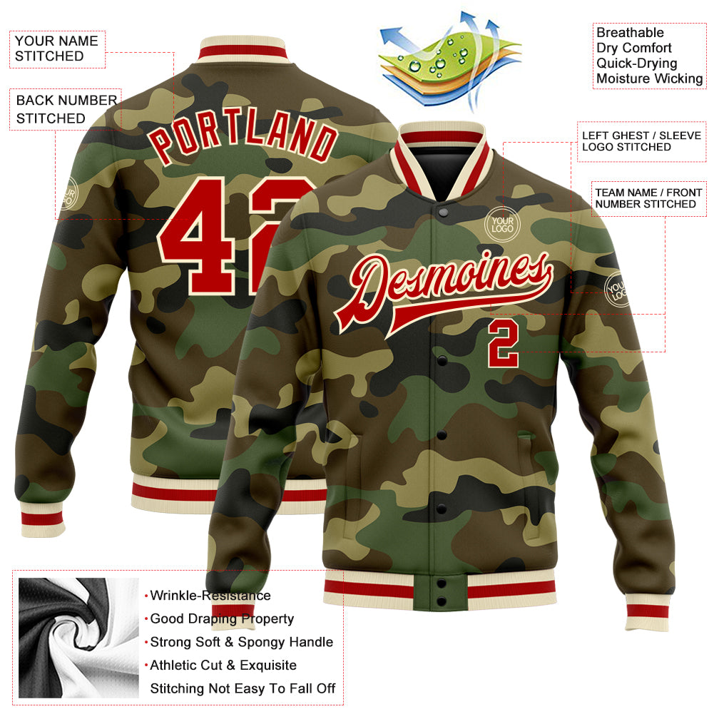 Personalized Red Cream Camo Jacket - Full-Snap Varsity Letterman Bomber Salute to Service Personalized Camo Red-Cream Bomber - Image 5