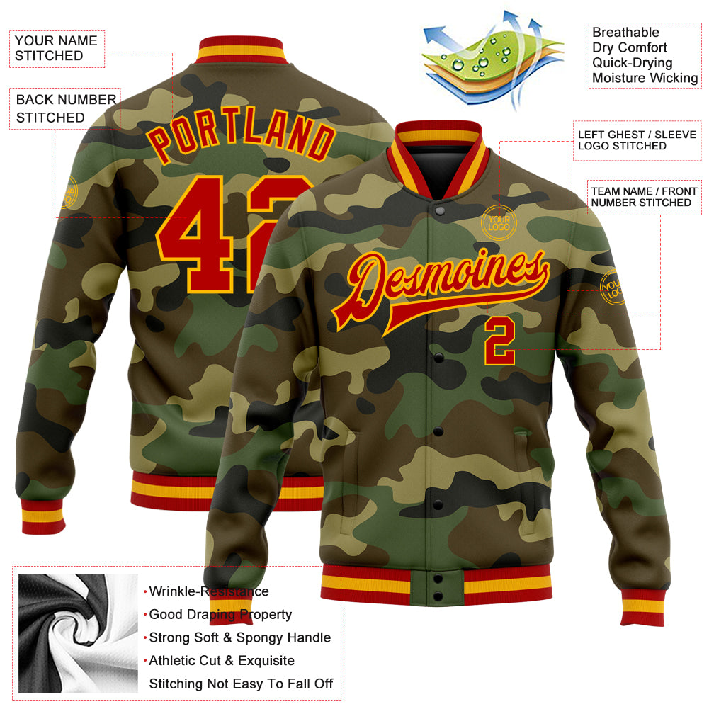 Personalized Red-Gold Camo Bomber Jacket Salute to Service Full-Snap Varsity Personalized Camo Red-Gold Bomber Full-Snap - Image 5