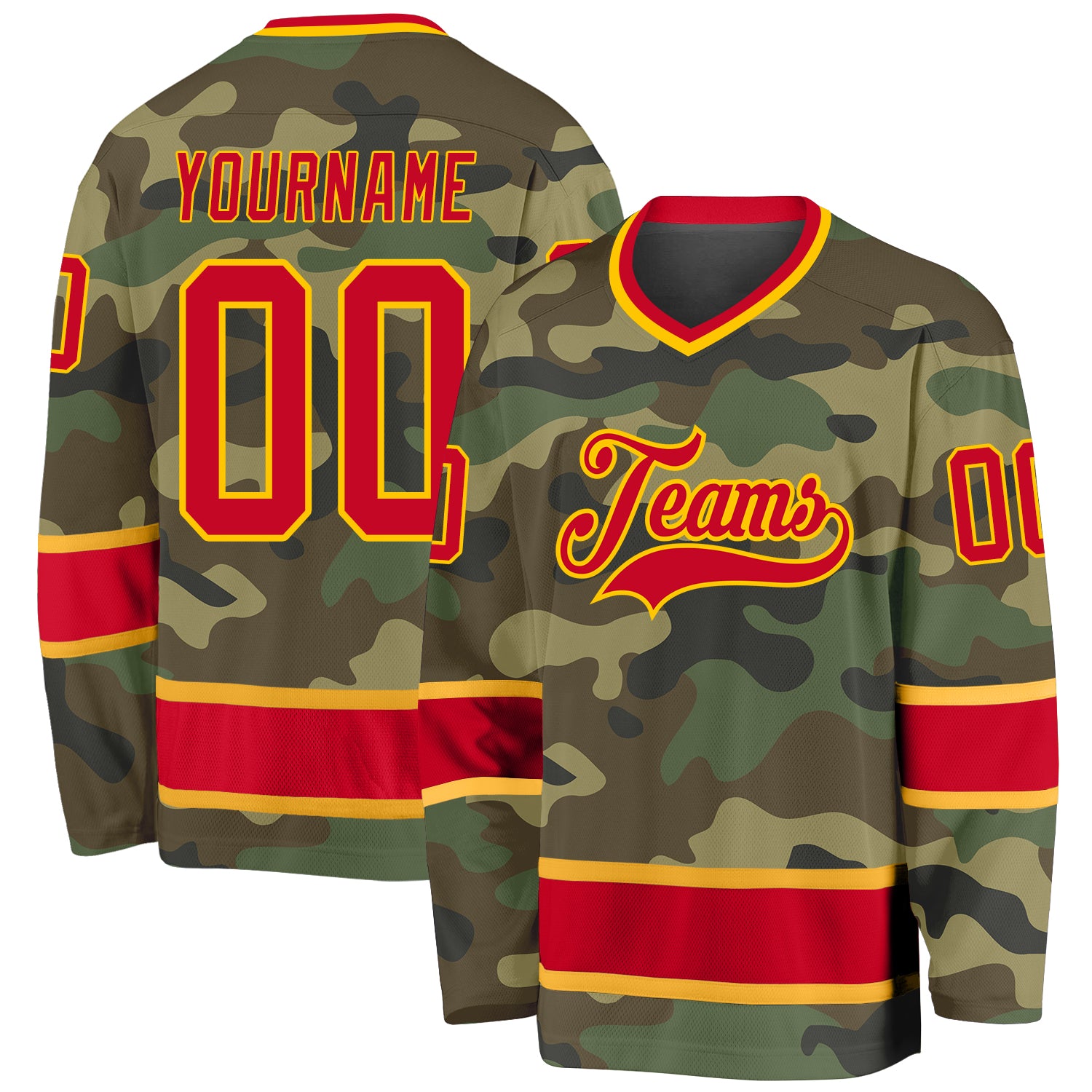 Custom Name and Number Red-Gold Camo Hockey Jersey - Personalized Salute to Service Team Jersey Personalized Camo Red-Gold
