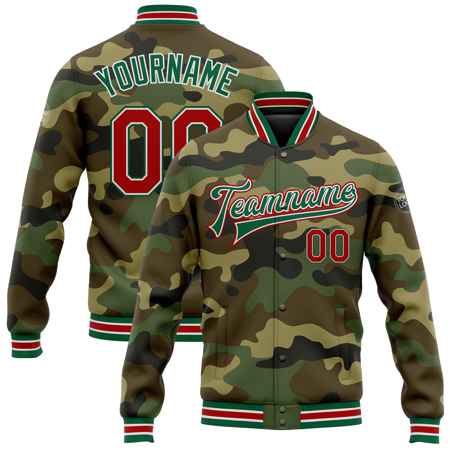 Custom Name & Number Personalized Camo Bomber Varsity Letterman Jacket - Red-Kelly Green Salute To Service Personalized Camo