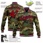 Custom Camo Bomber Jacket in Red and Navy | Full-Snap Varsity Letterman Salute to Service Personalized Camo Red-Navy Bomber