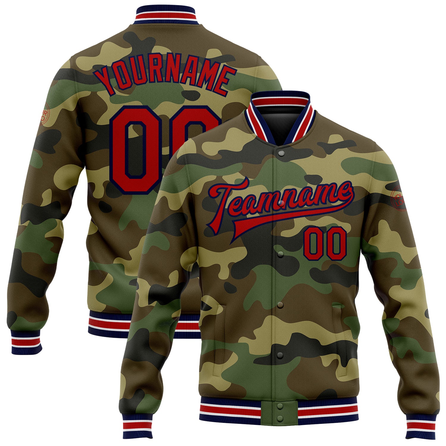 Custom Camo Bomber Jacket in Red and Navy | Full-Snap Varsity Letterman Salute to Service Personalized Camo Red-Navy Bomber