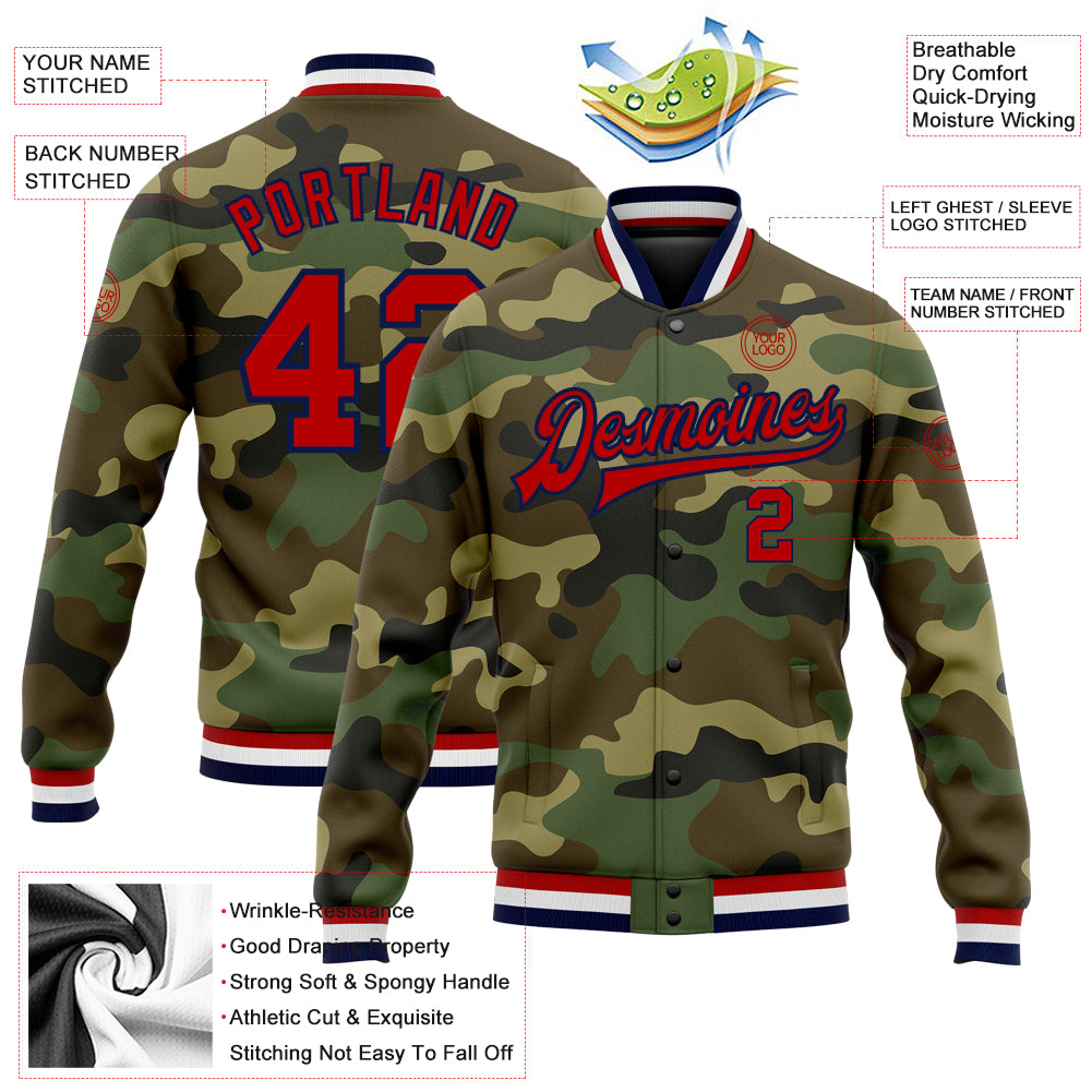 Personalized Red-Navy Camo Varsity Letterman Jacket - Salute To Service Full-Snap Bomber Personalized Camo Red-Navy Bomber - Image 5