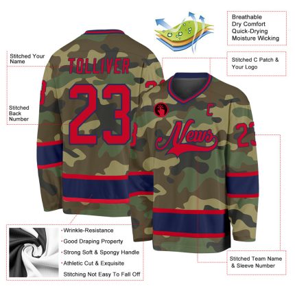 Custom Camo Hockey Jersey with Personalized Name & Number - Red-Navy Salute to Service Team Personalized Camo Red-Navy Salute