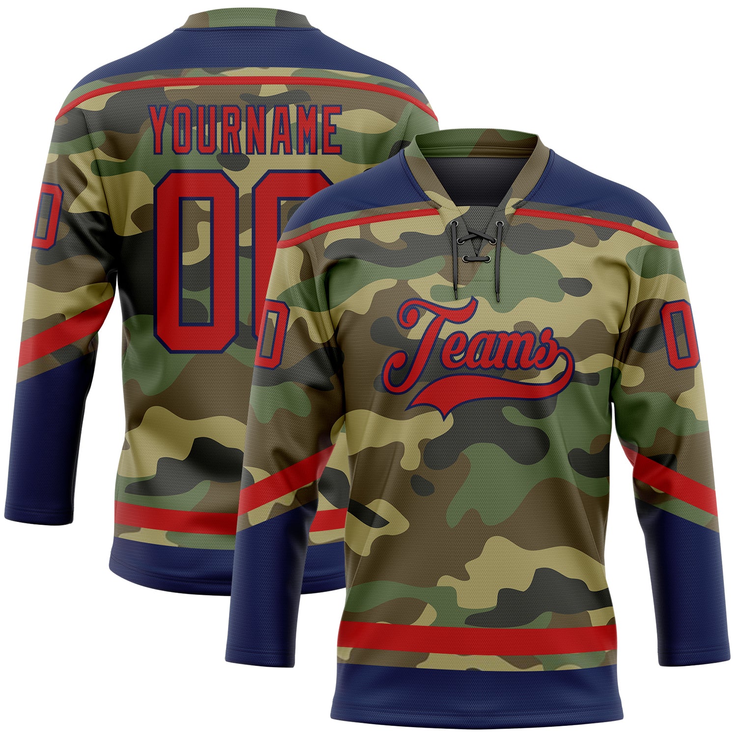 Custom Name and Number Personalized Red-Navy Camo Hockey Jersey for Salute to Service Team Personalized Camo Red-Navy Salute