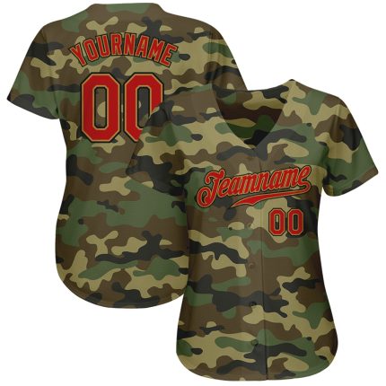 Personalized Camo Red Gold Salute to Service Baseball Jersey for Men Personalized Camo Red-Old Gold Salute To Service Baseball
