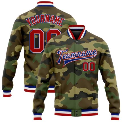 Custom Camo Bomber Jacket Red-Royal Varsity Letterman Salute to Service Full-Snap Personalized Camo Red-Royal Bomber Full-Snap
