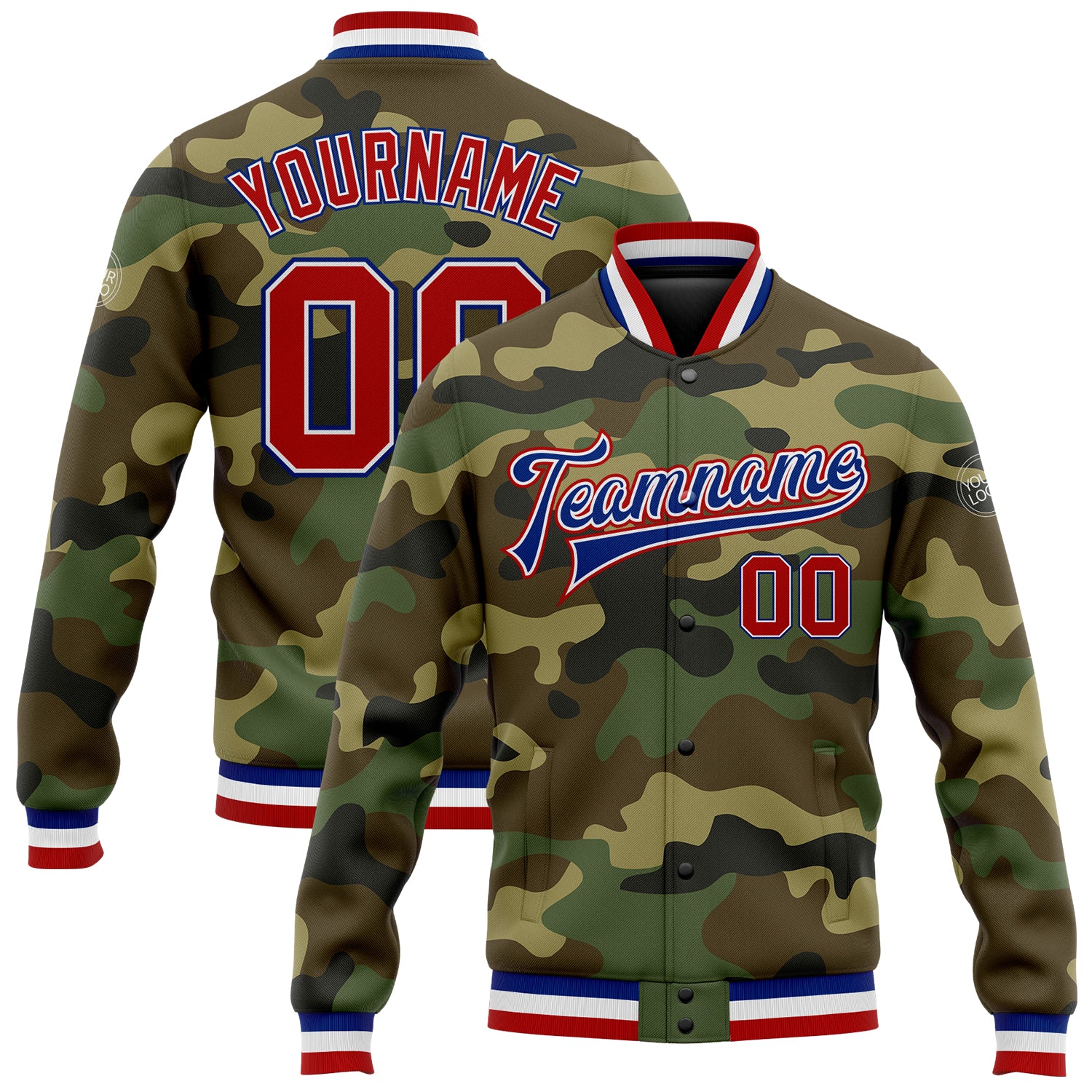 Custom Name Number Personalized Red Royal Camo Bomber Varsity Jacket Salute to Service Full-Snap Letterman Personalized Camo