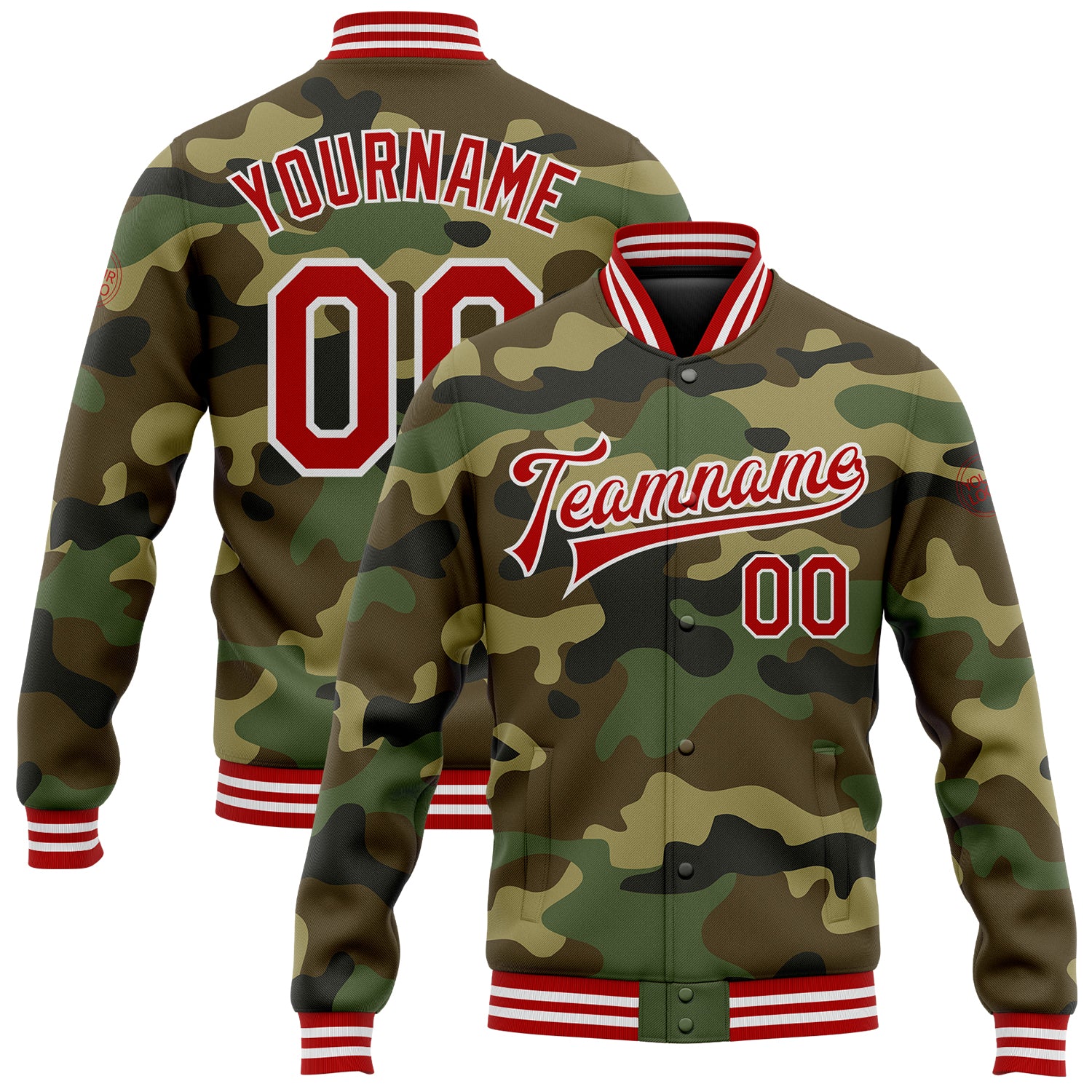 Custom Camo Bomber Jacket with Name and Number - Red-White Varsity Letterman Salute to Service Full-Snap Personalized Camo
