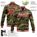 Custom Camo Bomber Jacket with Name and Number - Red-White Varsity Letterman Salute to Service Full-Snap Personalized Camo