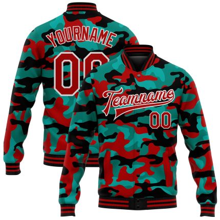 Red-White Fluorescent Camo 3D Varsity Letterman Bomber Jacket - Personalized Salute to Service Full-Snap Design Personalized
