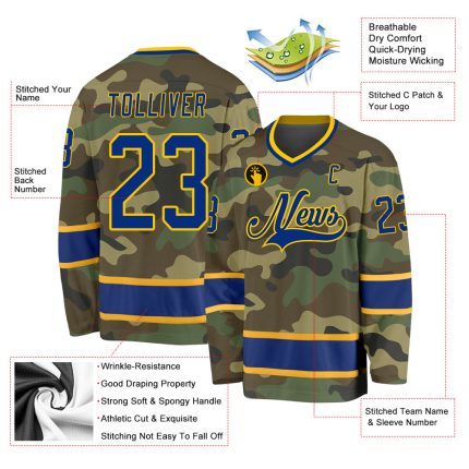 Personalized Camo Hockey Jersey - Royal Gold Salute to Service Design Personalized Camo Royal-Gold Salute To Service Hockey
