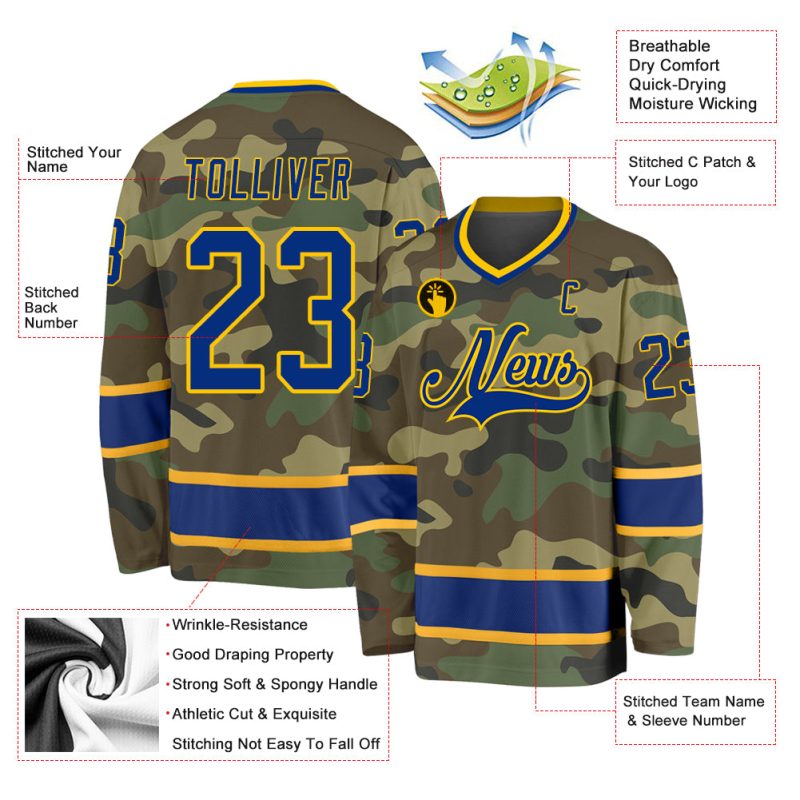 Personalized Camo Hockey Jersey - Royal Gold Salute to Service Design Personalized Camo Royal-Gold Salute To Service Hockey