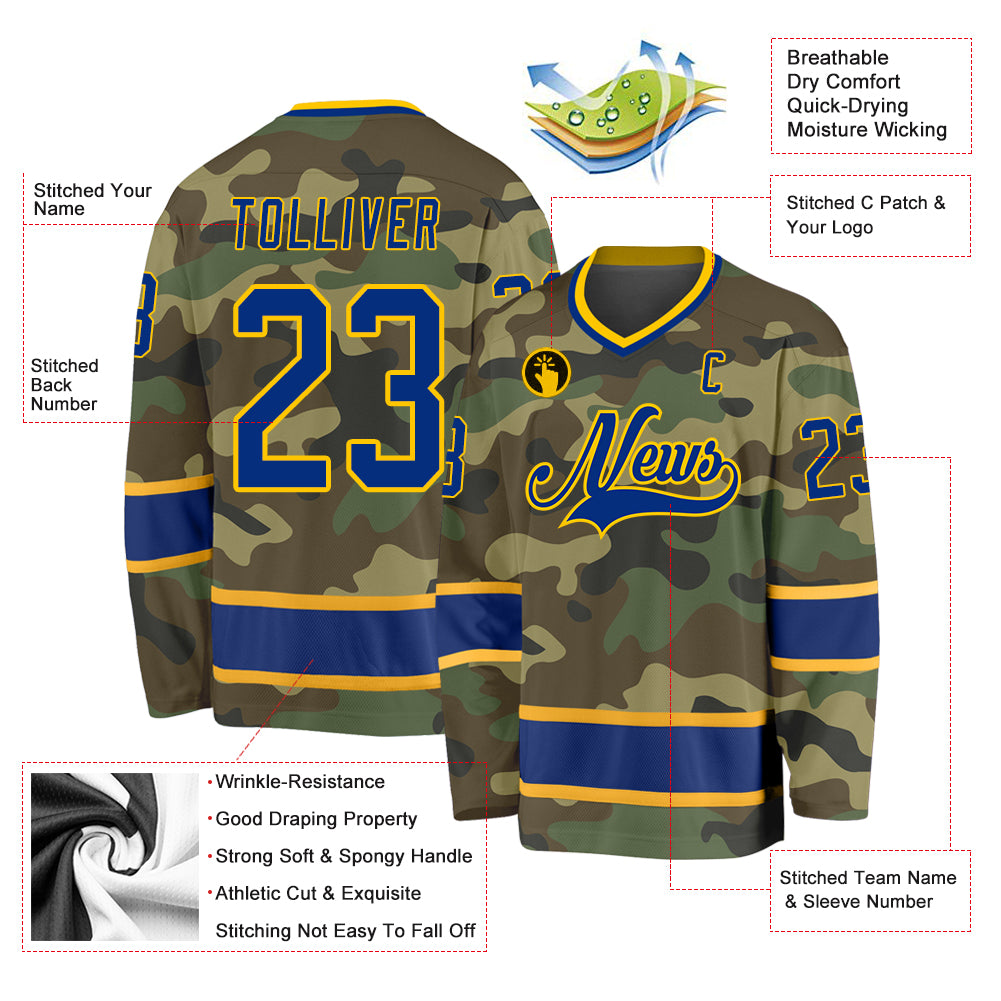 Personalized Camo Royal-Gold Salute To Service Hockey Jersey Team Custom Name and Number Custom Name and Number Personalized Camo Royal-Gold Salute to Service Hockey Jersey Personalized Camo Royal-Gold Salute To - Image 2