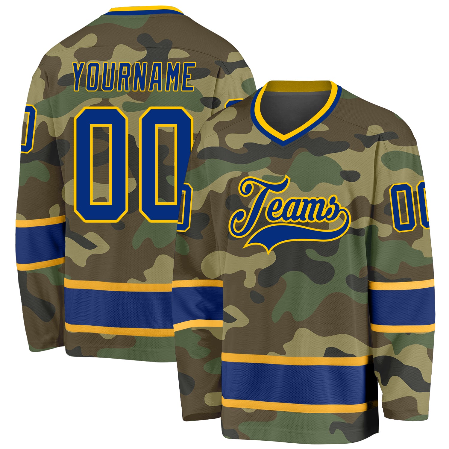 Custom Name and Number Personalized Camo Royal-Gold Salute to Service Hockey Jersey Personalized Camo Royal-Gold Salute To