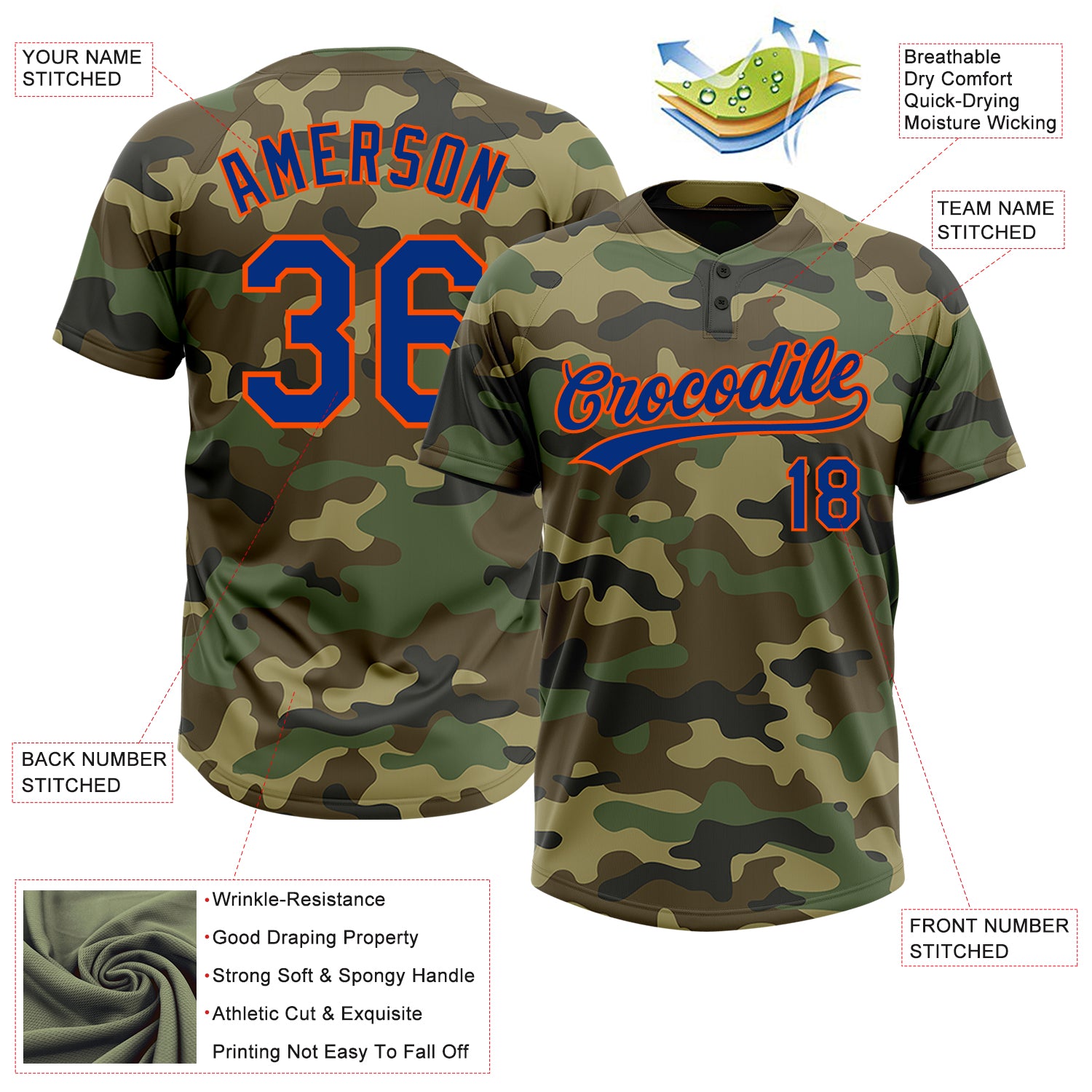 Personalized Camo Royal-Orange Salute To Service Two-Button Unisex Softball Jersey Team Custom Name and Number Custom Camo Salute To Service Softball Jersey with Name & Number - Unisex Royal-Orange, Two-Button Design Personalized Camo - Image 3