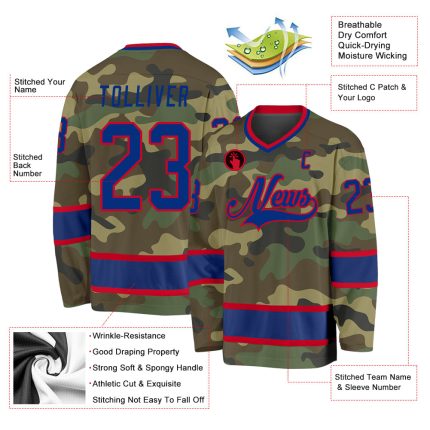 Personalized Camo Hockey Jersey Salute to Service in Royal Red Personalized Camo Royal-Red Salute To Service Hockey Jersey