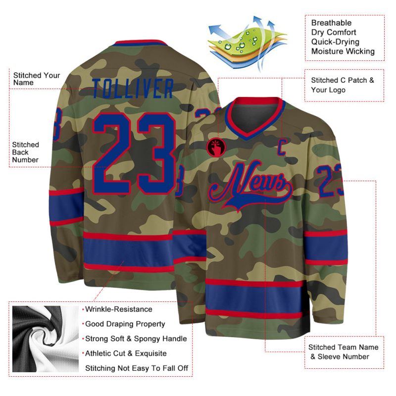 Personalized Camo Hockey Jersey Salute to Service in Royal Red Personalized Camo Royal-Red Salute To Service Hockey Jersey