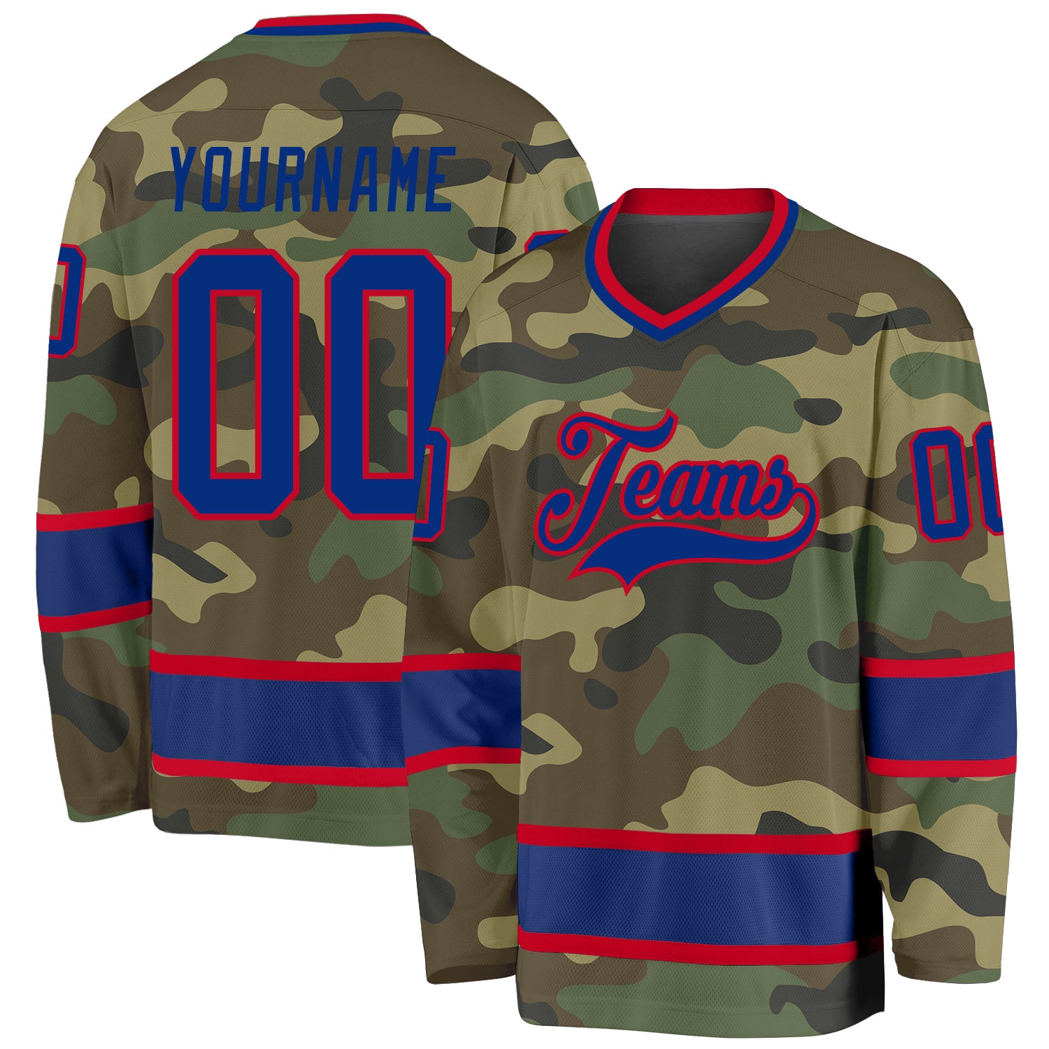 Custom Name and Number Personalized Camo Royal-Red Hockey Jersey - Salute to Service Team Apparel Personalized Camo Royal-Red
