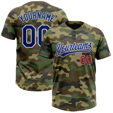 Custom Name and Number Camo Royal-Red Softball Jersey - Personalized Unisex Two-Button Team Apparel Personalized Camo Royal-Red